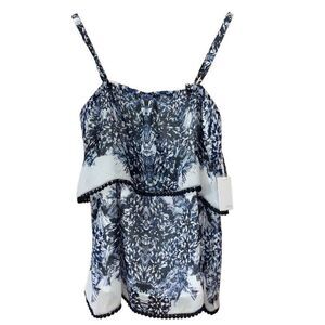 Ecru silk bohemian Pom Pom trim blue white blouse tank XS new